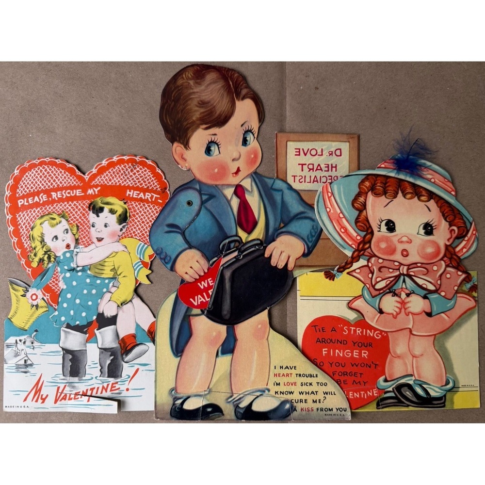 VTG 1930's Stand Up Valentine Card Estate Lot (3) Love Moving Arm USA Made CUTE!
